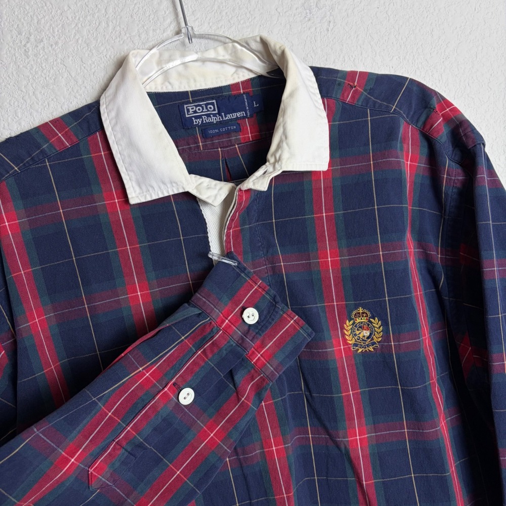 Vintage Polo Ralph Lauren Plaid Rugby Shirt Navy Red Oxford Crest Mens Large 90s